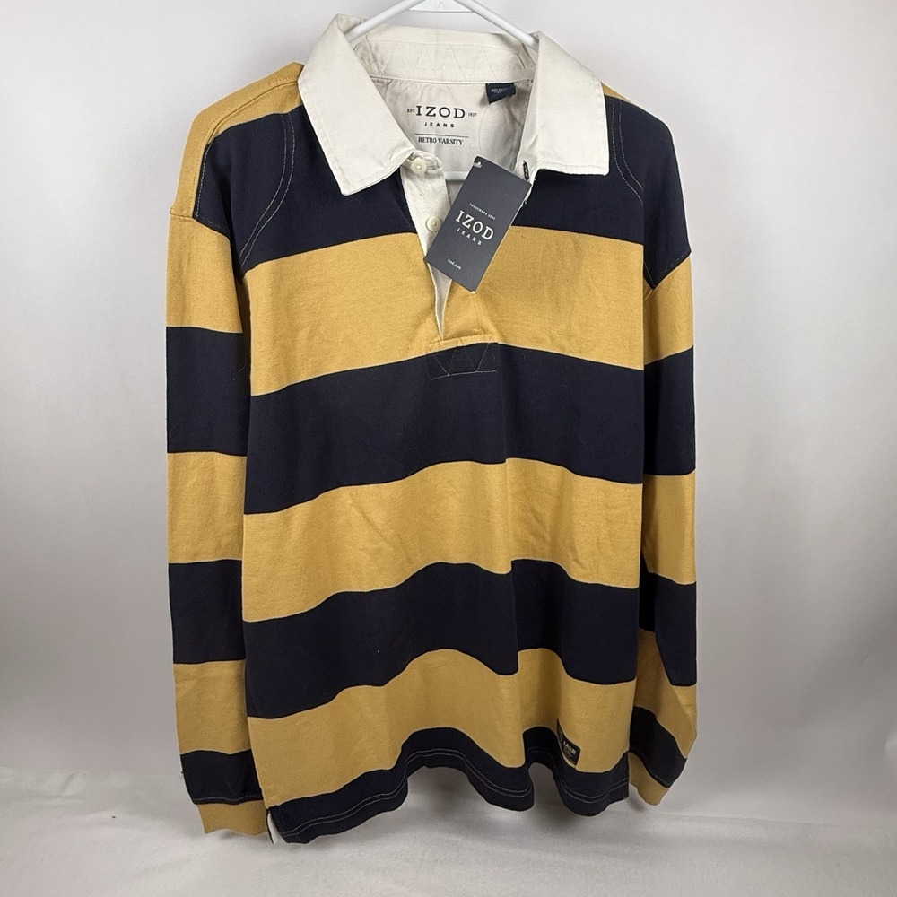 IZOD Jeans Retro Varsity Men’s L Rugby Shirt Navy Gold Stripe Cotton NWT